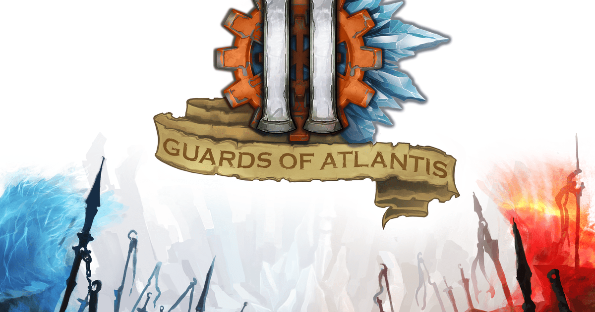 Box art for Guards of Atlantis II showing champion miniatures on an island battlefield.